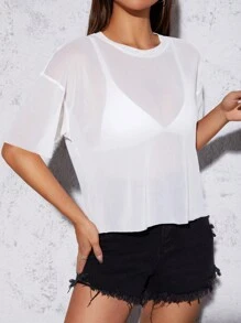 SHEIN PETITE 落肩袖透視網紗上衣不附文胸