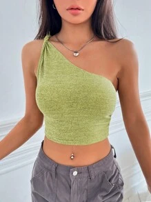 SHEIN EZwear Áo nữ màu trơn Giải trí - Màu xanh Ô liu - Xem 1