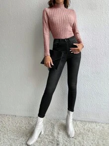 SHEIN Tall Mock Neck Ribbed Knit Tee - Dusty Pink - View 3