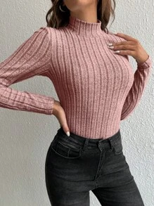 SHEIN Tall Mock Neck Ribbed Knit Tee - Dusty Pink - View 5