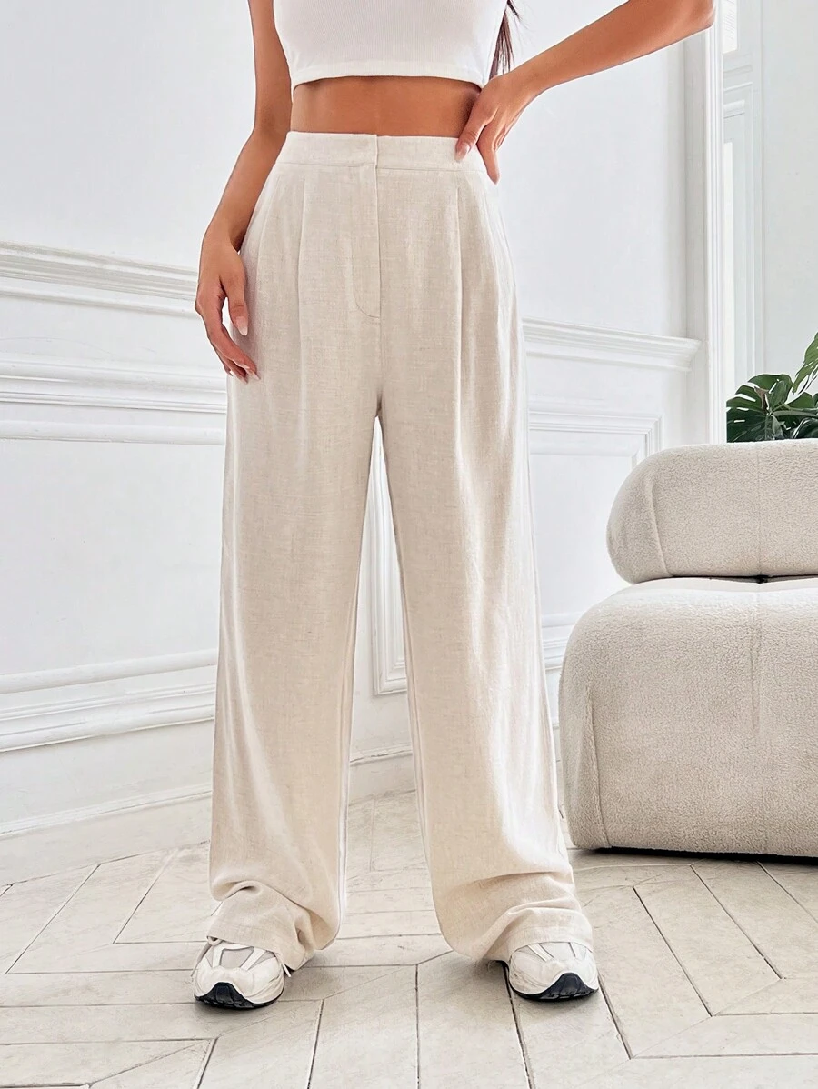 SHEIN EZwear Pantalones rectos unicolor - Albaricoque - Ver 1