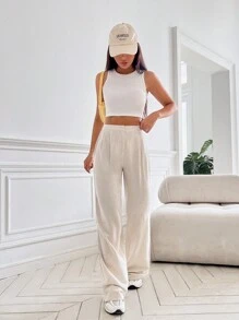 SHEIN EZwear Pantalones rectos unicolor - Albaricoque - Ver 4