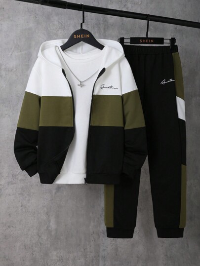 SHEIN 2pcs Tween Boy Knit Color Block Casual Loose Hooded Sweatshirt And Knit Color Block Casual Sweatpants Set