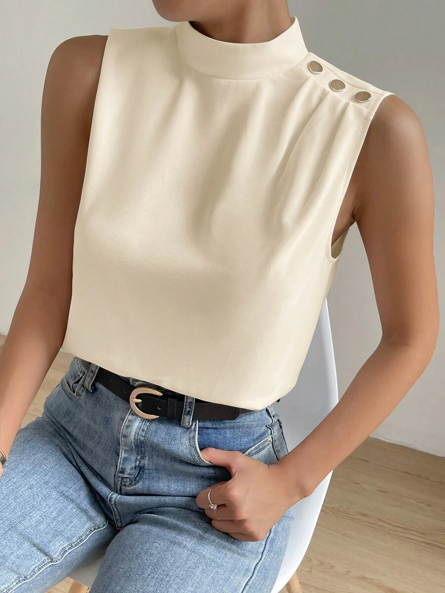 SHEIN Essnce Mock Neck Button Detail Blouse - Apricot - View 1