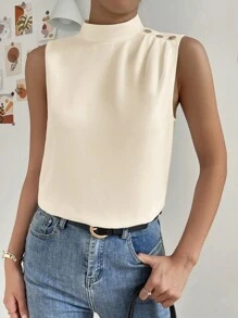 SHEIN Essnce Mock Neck Button Detail Blouse - Apricot - View 3