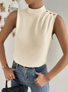 SHEIN Essnce Mock Neck Button Detail Blouse - Apricot - View 4