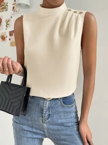 SHEIN Essnce Mock Neck Button Detail Blouse - Apricot - View 5