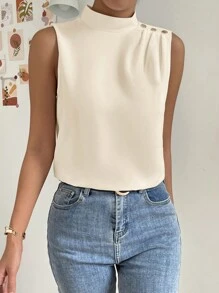 SHEIN Essnce Mock Neck Button Detail Blouse - Apricot - View 7