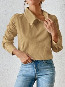 SHEIN Essnce 素色落肩袖襯衫 - 卡其色 - 查看 1