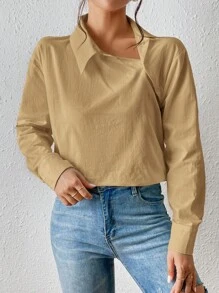 SHEIN Essnce 素色落肩袖襯衫 - 卡其色 - 查看 2