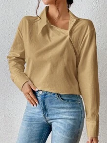 SHEIN Essnce 素色落肩袖襯衫 - 卡其色 - 查看 3