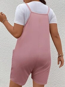 SHEIN LUNE 大碼補丁貼口袋背帶連體短褲不帶T恤 - 藕粉色 - 查看 2