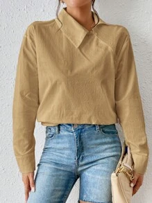 SHEIN Essnce 素色落肩袖襯衫 - 卡其色 - 查看 4