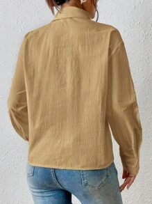 SHEIN Essnce 素色落肩袖襯衫 - 卡其色 - 查看 7