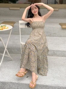 DAZY Ditsy Floral Print Ruffle Hem Cami Dress - Apricot - View 5