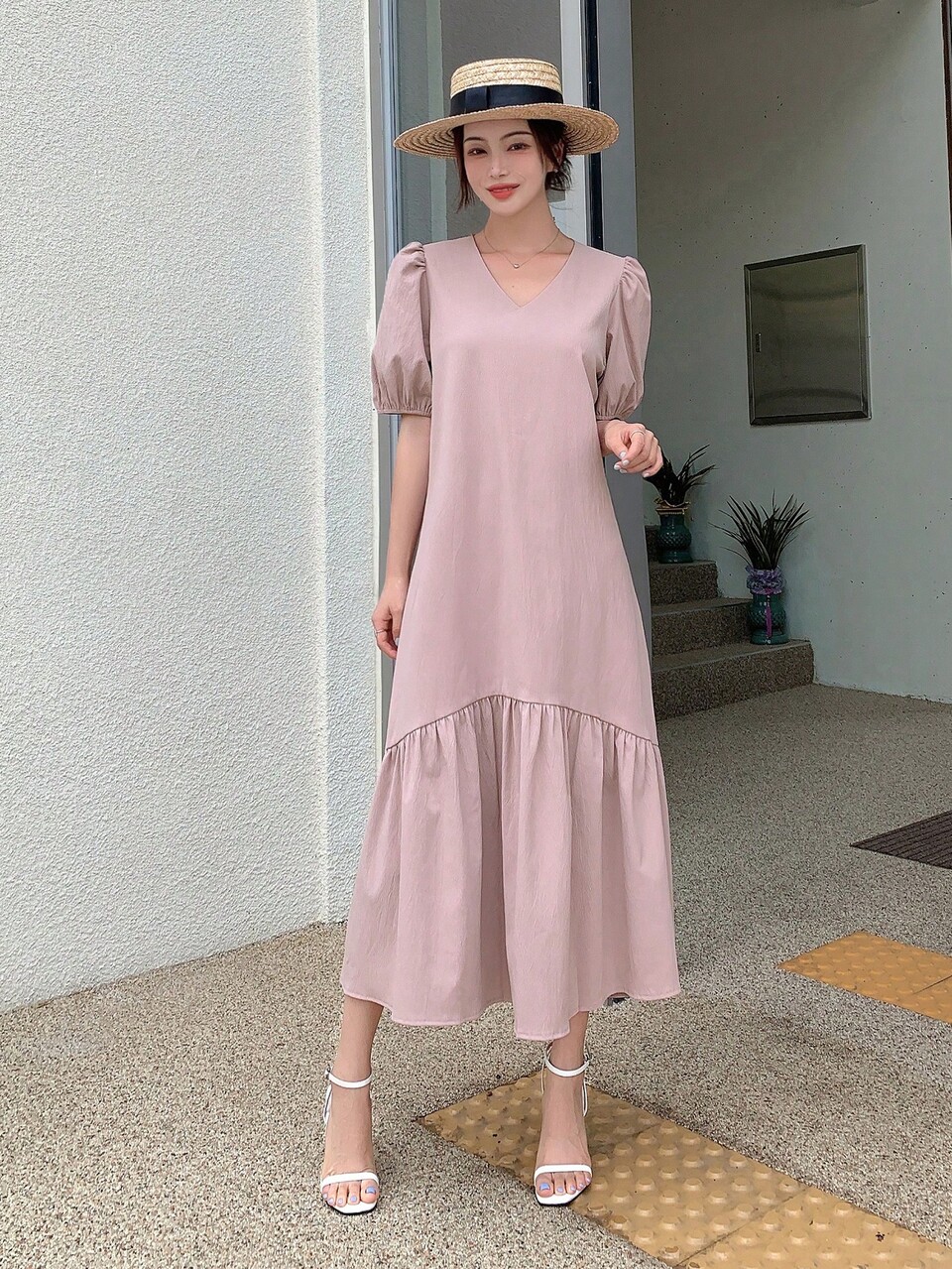 Puff Sleeve Ruffle Hem Smock Dress Sundress Maxi Dress