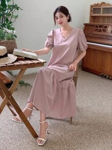 DAZY Puff Sleeve Ruffle Hem Smock Dress Sundress - Pink - View 3