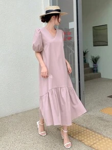 DAZY Puff Sleeve Ruffle Hem Smock Dress Sundress - Pink - View 4