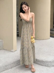 DAZY Ditsy Floral Print Ruffle Hem Cami Dress - Apricot - View 7