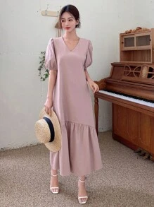 DAZY Puff Sleeve Ruffle Hem Smock Dress Sundress - Pink - View 5