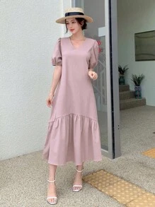 DAZY Puff Sleeve Ruffle Hem Smock Dress Sundress - Pink - View 6