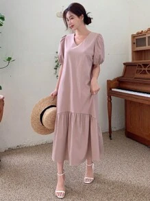 DAZY Puff Sleeve Ruffle Hem Smock Dress Sundress - Pink - View 7