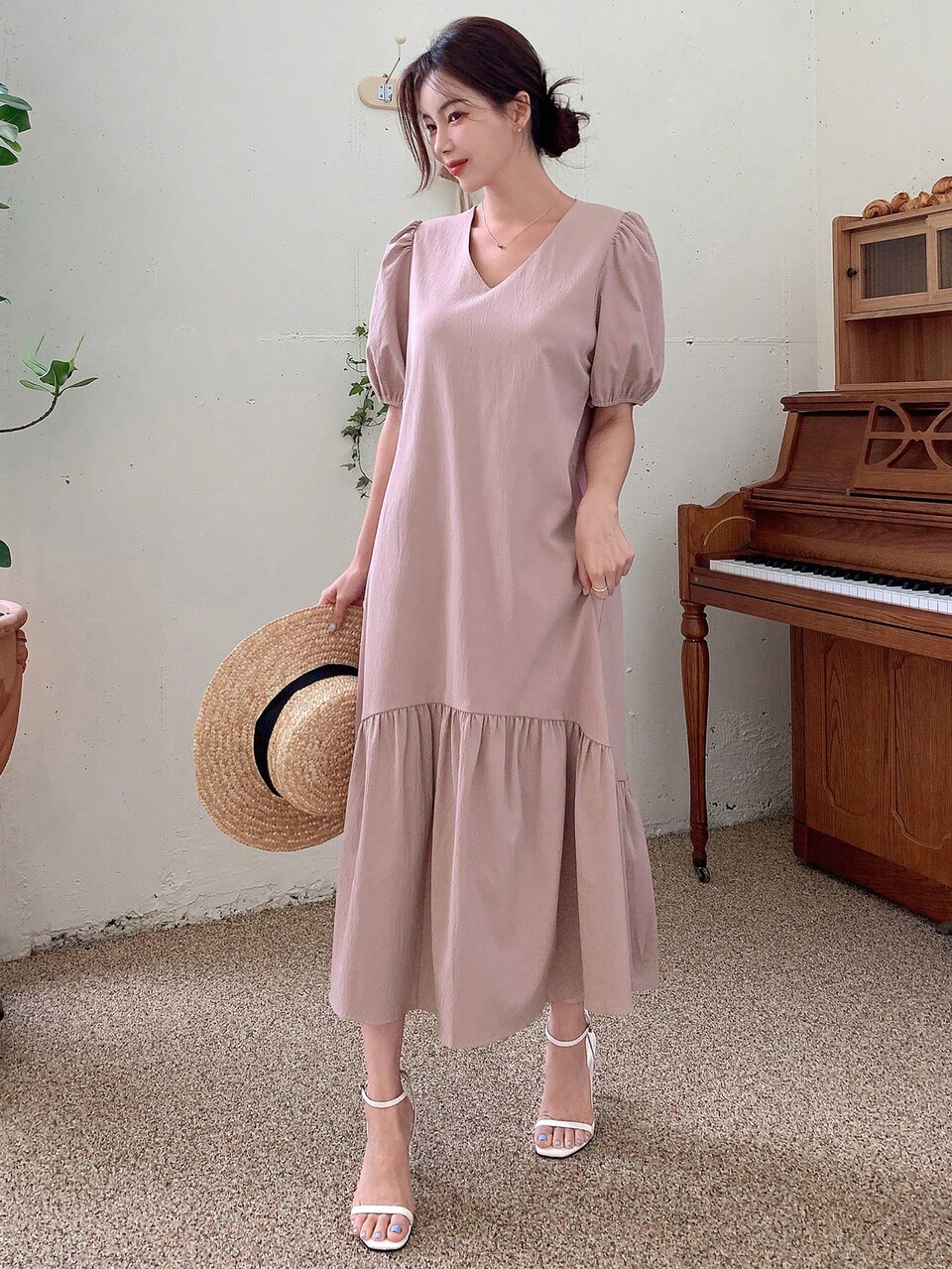 Puff Sleeve Ruffle Hem Smock Dress Sundress Maxi Dress
