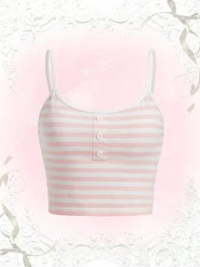ROMWE Kawaii Striped Button Front Contrast Binding Cami Top - Pink - View 1