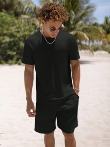Manfinity Hypemode Men Solid Tee & Drawstring Waist Shorts - Black - View 1
