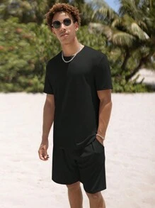 Manfinity Hypemode Men Solid Tee & Drawstring Waist Shorts - Black - View 3