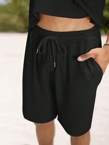 Manfinity Hypemode Men Solid Tee & Drawstring Waist Shorts - Black - View 4
