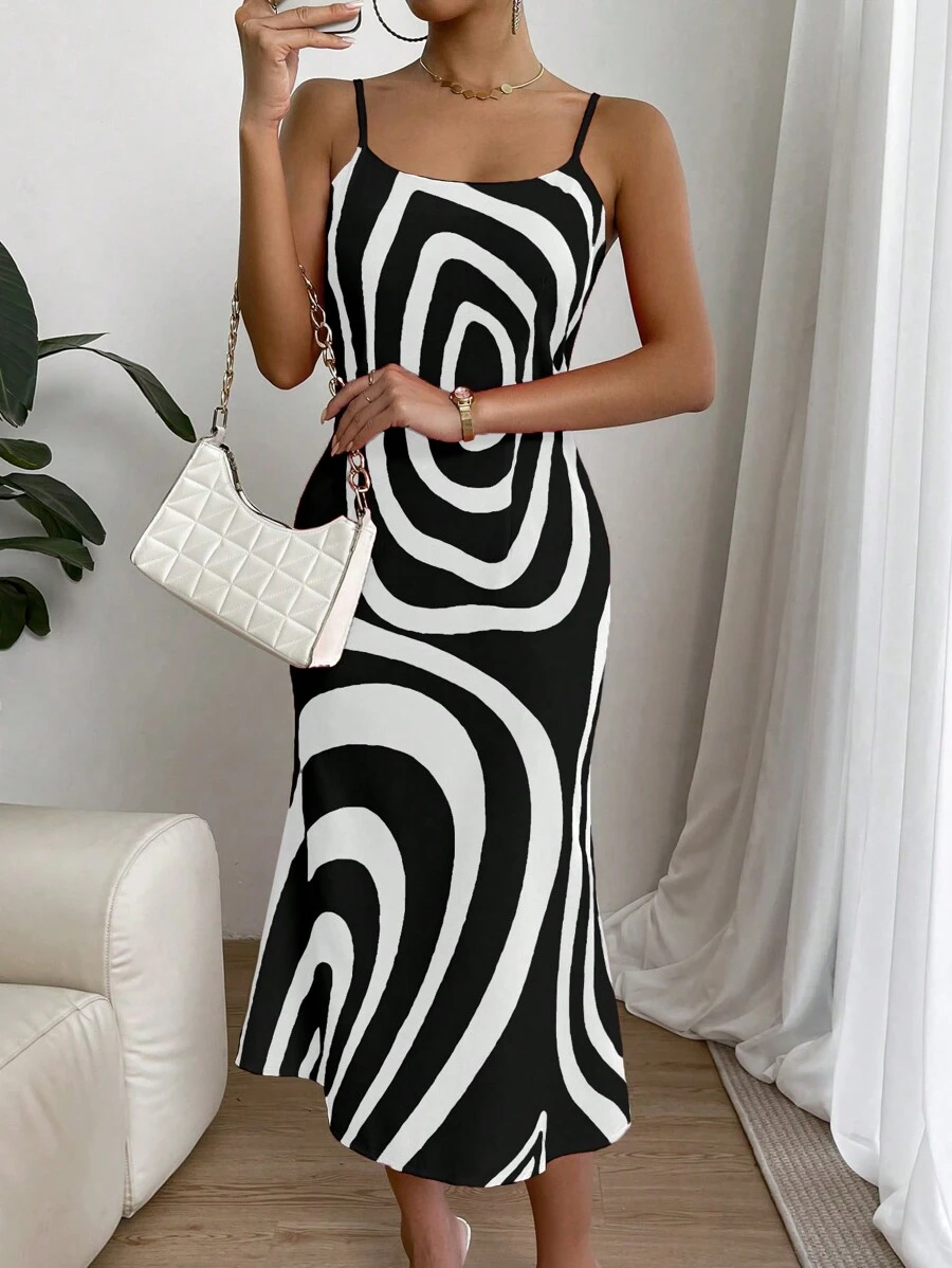 SHEIN Privé Allover Print Cami Dress - Black and White - View 1