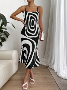 SHEIN Privé Allover Print Cami Dress - Black and White - View 5