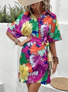 SHEIN VCAY 印花蝙蝠袖側打結圍裹下擺襯衫連衣裙 - 彩色 - 查看 1