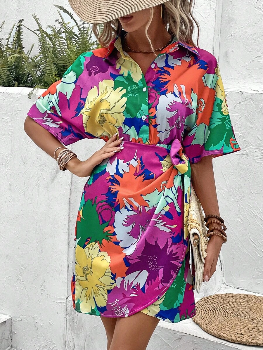 SHEIN VCAY 印花蝙蝠袖側打結圍裹下擺襯衫連衣裙 - 彩色 - 查看 1