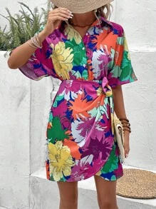 SHEIN VCAY 印花蝙蝠袖側打結圍裹下擺襯衫連衣裙 - 彩色 - 查看 3