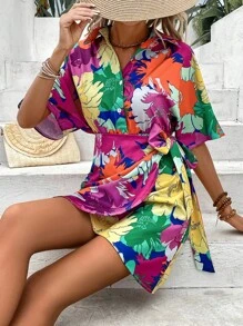 SHEIN VCAY 印花蝙蝠袖側打結圍裹下擺襯衫連衣裙 - 彩色 - 查看 4