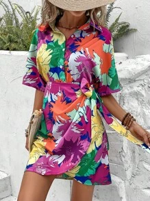 SHEIN VCAY 印花蝙蝠袖側打結圍裹下擺襯衫連衣裙 - 彩色 - 查看 5