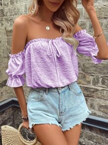 SHEIN VCAY Off Shoulder Lá sen tỉa Nút phía trước tay áo lá sen Áo sơ mi - Màu Lilac Tím - Xem 1