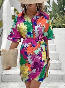 SHEIN VCAY 印花蝙蝠袖側打結圍裹下擺襯衫連衣裙 - 彩色 - 查看 6