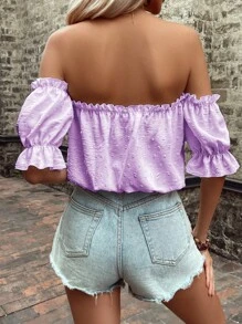 SHEIN VCAY Off Shoulder Lá sen tỉa Nút phía trước tay áo lá sen Áo sơ mi - Màu Lilac Tím - Xem 2