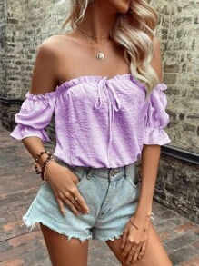 SHEIN VCAY Off Shoulder Lá sen tỉa Nút phía trước tay áo lá sen Áo sơ mi - Màu Lilac Tím - Xem 3