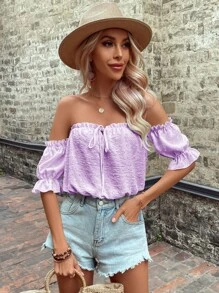 SHEIN VCAY Off Shoulder Lá sen tỉa Nút phía trước tay áo lá sen Áo sơ mi - Màu Lilac Tím - Xem 4