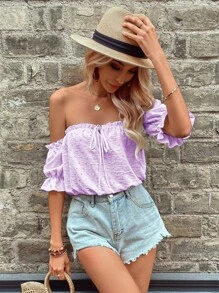 SHEIN VCAY Off Shoulder Lá sen tỉa Nút phía trước tay áo lá sen Áo sơ mi - Màu Lilac Tím - Xem 5