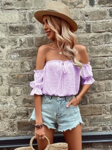SHEIN VCAY Off Shoulder Lá sen tỉa Nút phía trước tay áo lá sen Áo sơ mi - Màu Lilac Tím - Xem 6