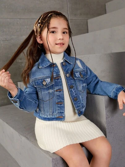 SHEIN Playful Pals 女小童破洞翻蓋口袋牛仔夾克