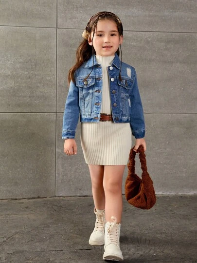 SHEIN Playful Pals Cô Gái Trẻ Rách Túi có nắp Áo khoác denim