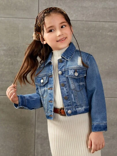 SHEIN Playful Pals Cô Gái Trẻ Rách Túi có nắp Áo khoác denim