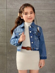 SHEIN Playful Pals Young Girl Ripped Flap Pocket Denim Jacket, School, Campus, College