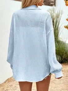 SHEIN LUNE Thả vai Nút phía trước Áo sơ mi - Màu xanh nhạt - Xem 2